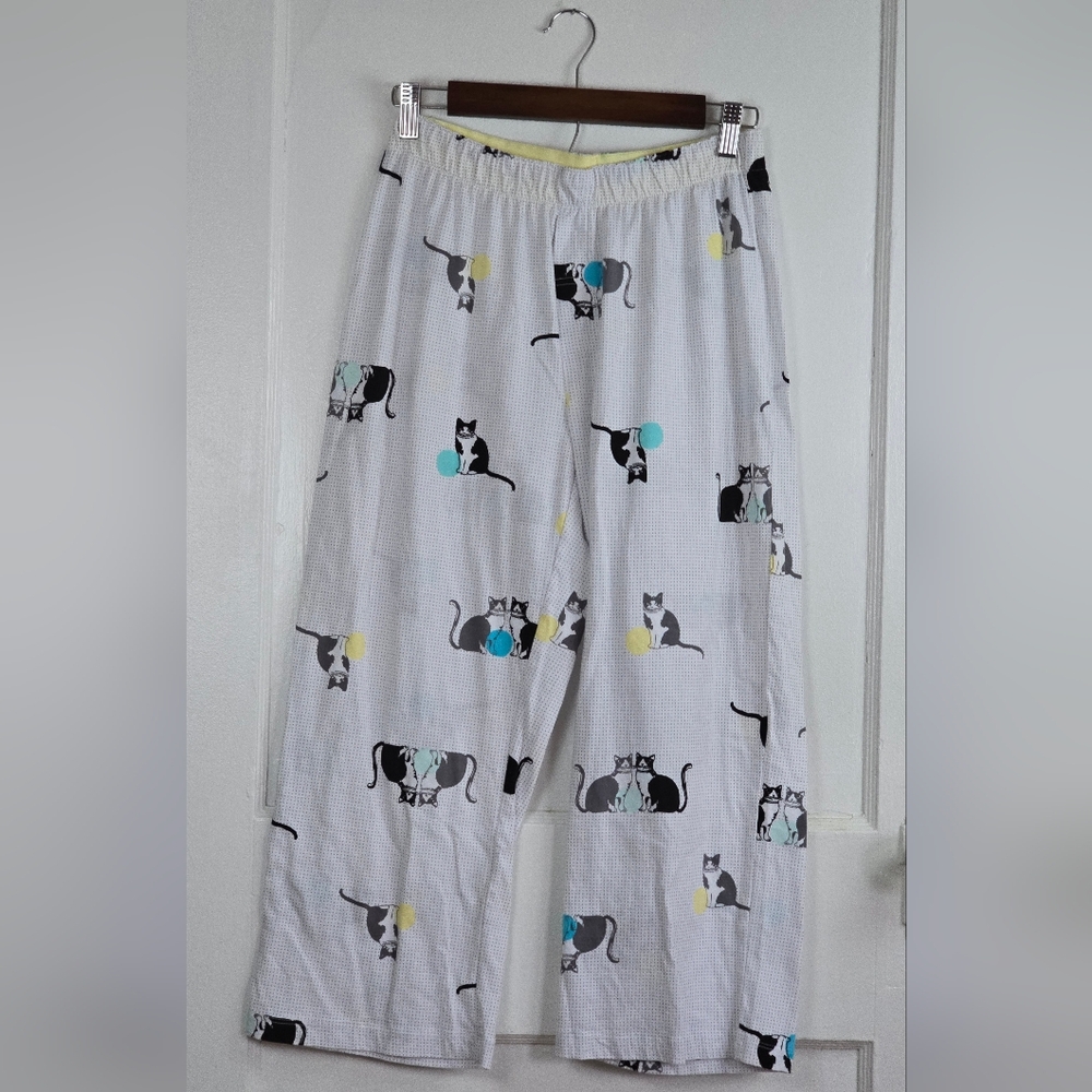 HUE White Cotton Pajama Pants with Black Cat and Teal Yellow Dot Print